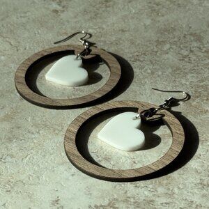 Walnut Wood Heart Earrings | White Acrylic Dangle Hoops | Big Bold Boho Jewelry